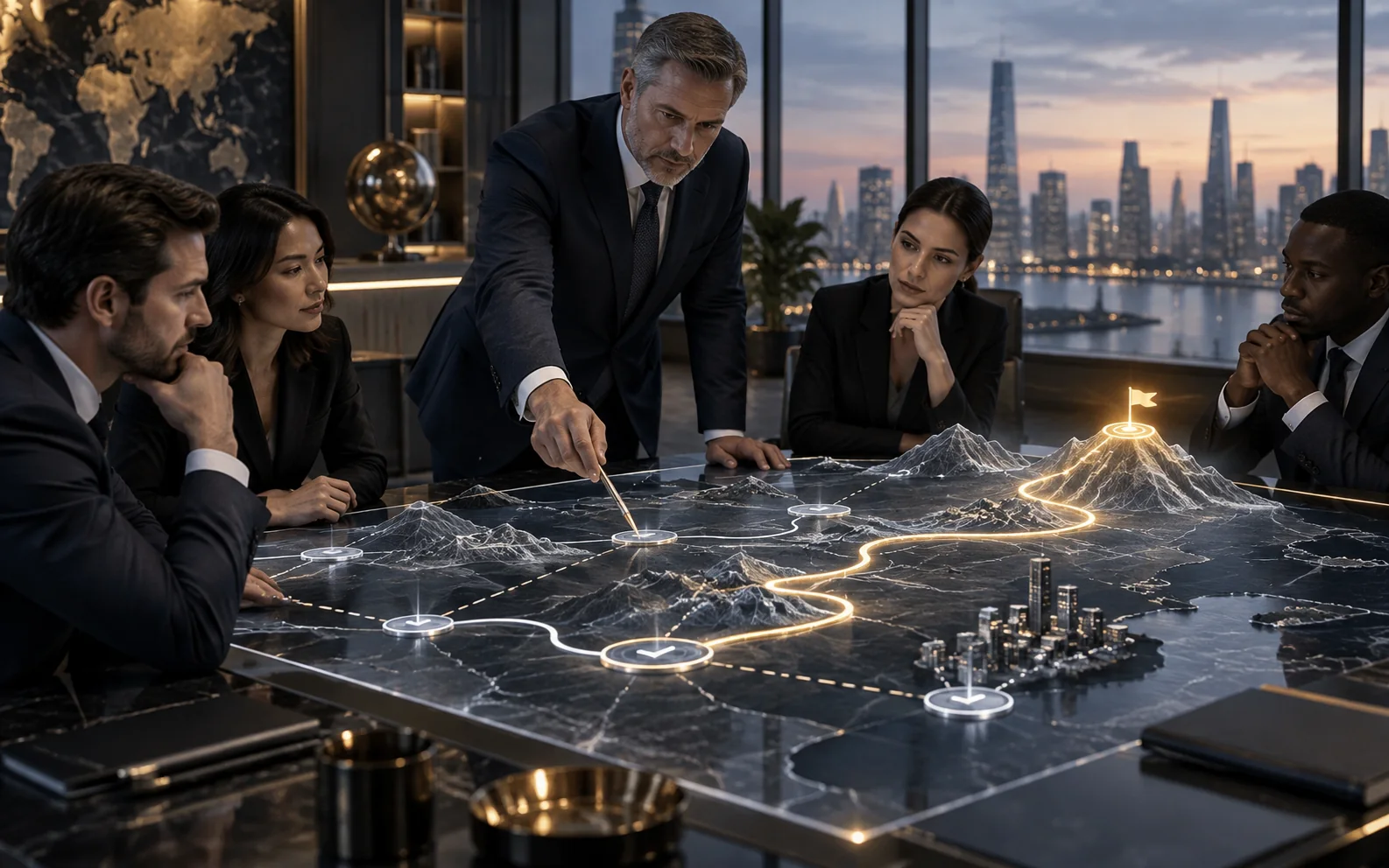 Executive project team mapping a strategic route from planning to successful delivery