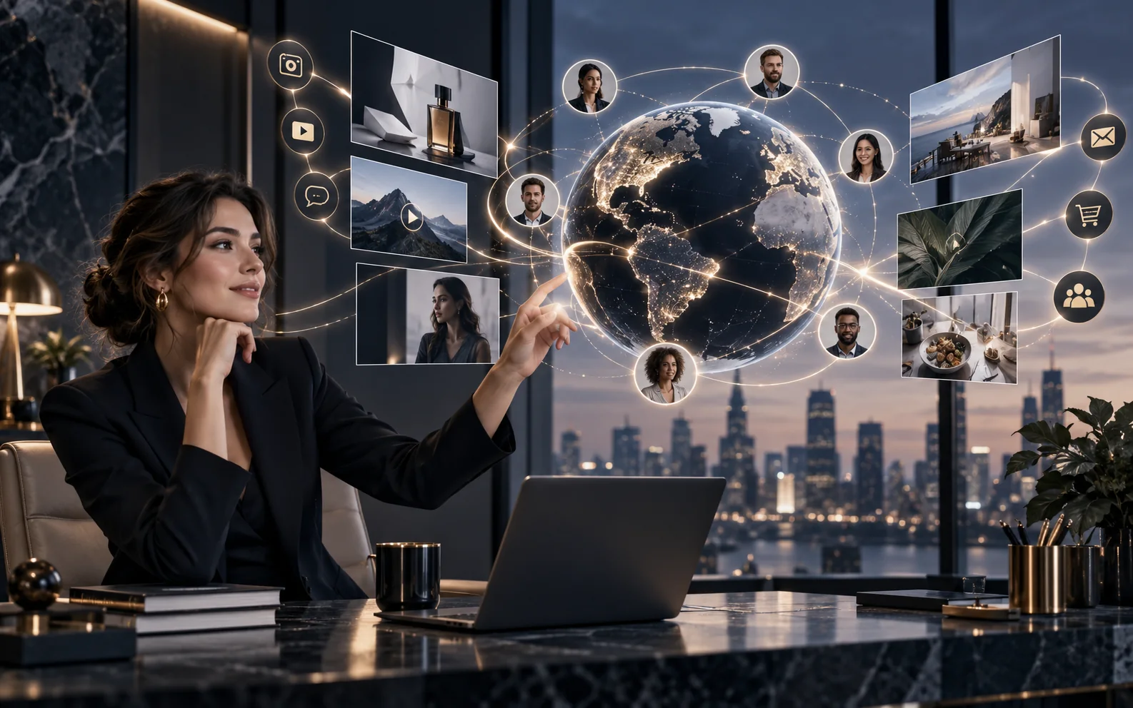 Marketing executive coordinating digital communications across global media channels