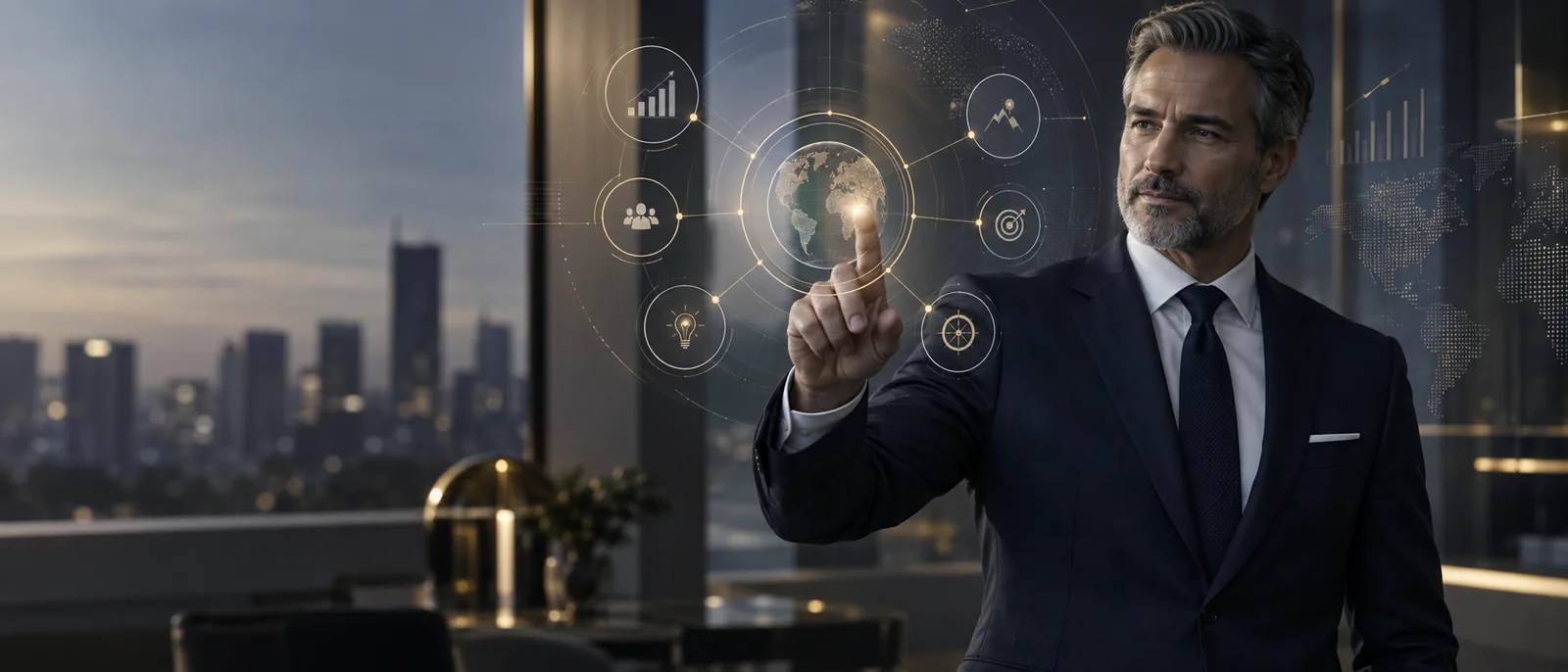 Executive consultant engaging with a strategic global business interface