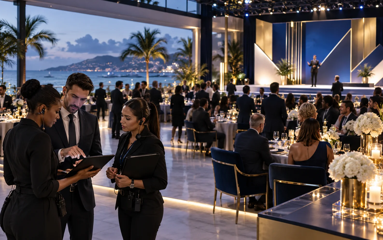 Event management team coordinating a professional waterfront corporate function