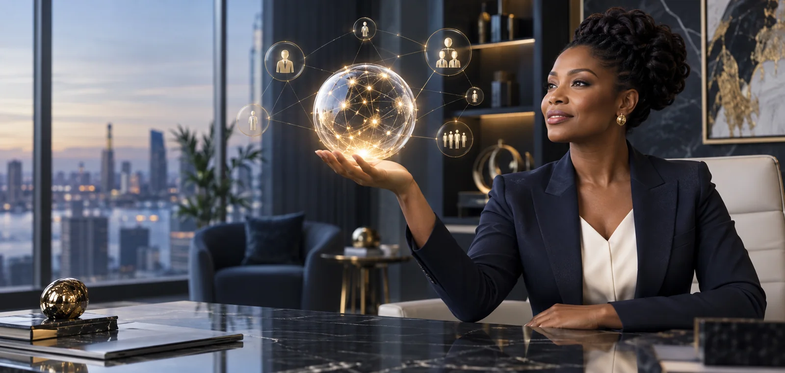Executive leader presenting a connected intelligence sphere representing organisational capability