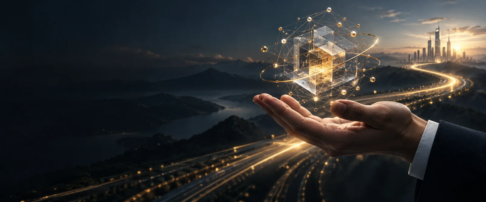 A hand guiding an illuminated intelligence structure toward a future city
