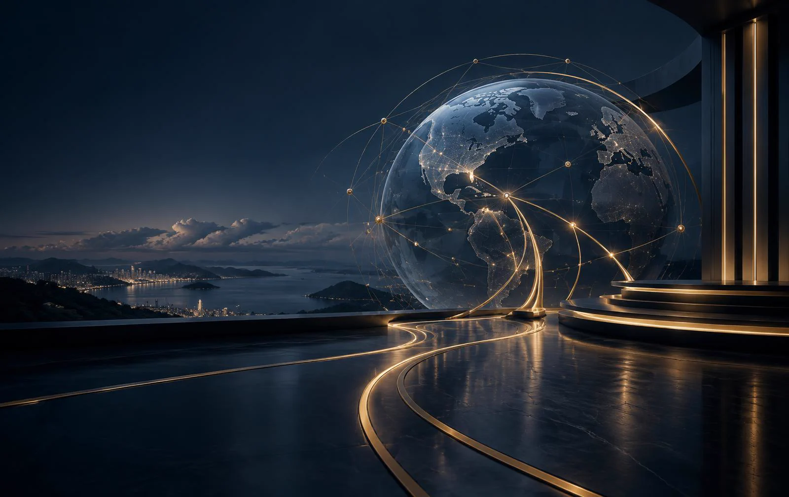 Futuristic business-intelligence network representing strategy, execution and growth.